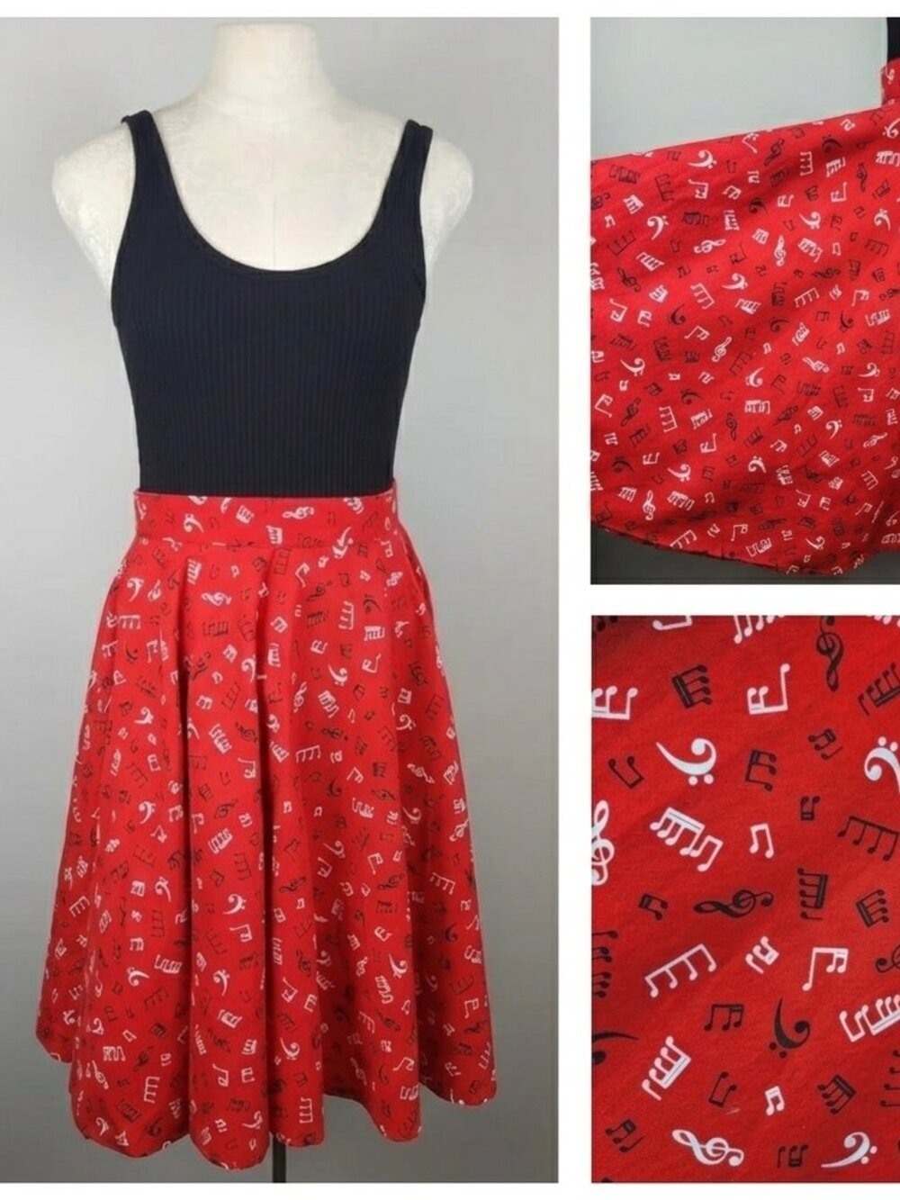 Cotton Red Circle Skirt 1950s Pin-up Music Teacher Musician Vintage Retro Size S